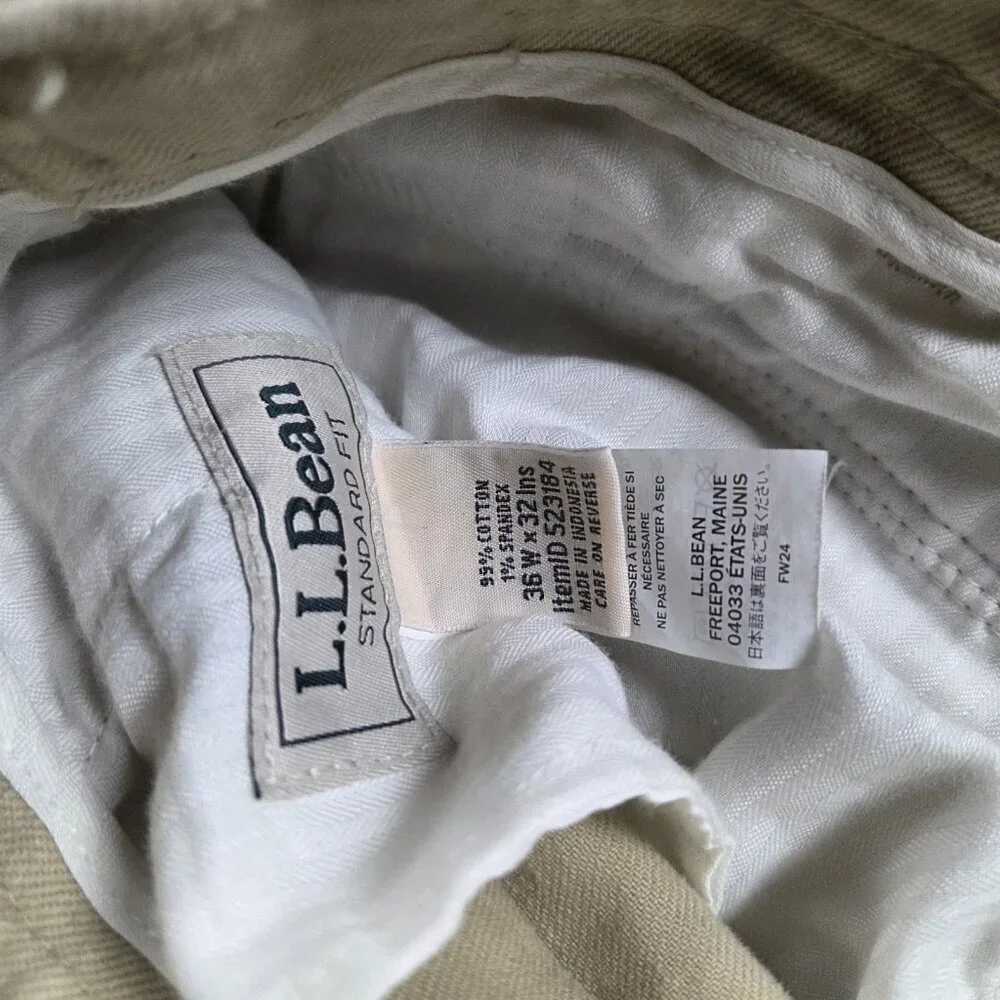 LL Bean Pants Mens 36x32 Brown Field Chinos 5 Pocket Straight Adjustable Waist
